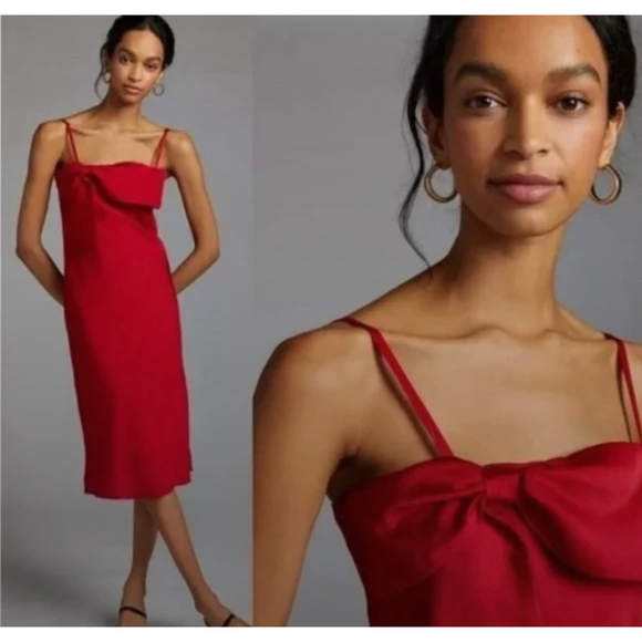 New Anthropologie Hutch Red Bow-Front Slip Midi Dress Women's Large - Picture 1 of 12